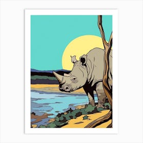Simple Rhino Line Illustration By The River 1 Art Print