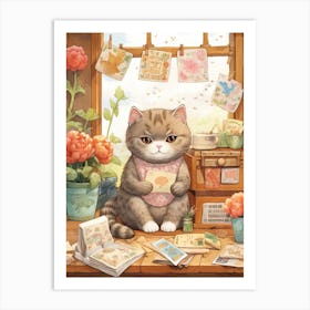 Kawaii Cat Drawings Collecting Stamps 2 Art Print