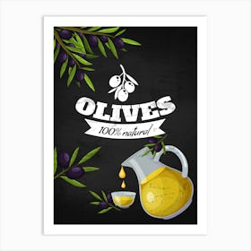 Olives On A Chalkboard - olives poster, kitchen wall art Art Print