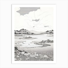 Shiretoko Peninsula In Hokkaido, Ukiyo E Black And White Line Art Drawing 2 Art Print