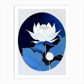 Lotus And Moon Symbol Blue And White Line Drawing Art Print