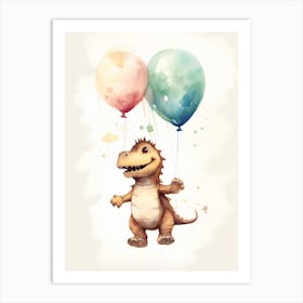 Baby Dinosaur (T Rex) Flying With Ballons, Watercolour Nursery Art 3 Art Print