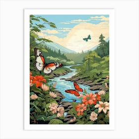 Butterfly With Stream Japanese Style 1 Art Print