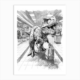 T Rex In A Mall Pencil Drawing Art Print