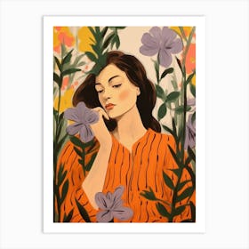 Woman With Autumnal Flowers Aconitum 2 Art Print