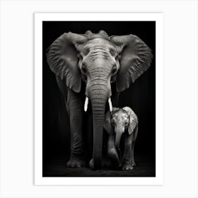 Black And White Photograph Of A Baby Elephant Next To Mother Art Print