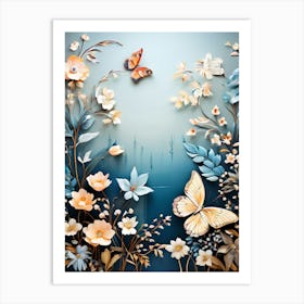 A Butterfly Toned Design With Flowers And Leaves Trees And Birds A Beautiful And Simple Picture Wall art Art Print