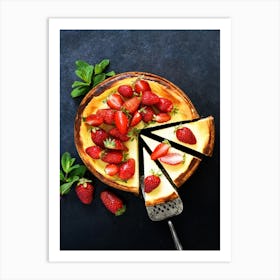 Vanilla cheesecake with strawberries — Food kitchen poster/blackboard, photo art Art Print