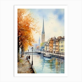Zurich Switzerland In Autumn Fall, Watercolour 4 Art Print