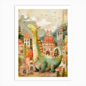 Dinosaur In A Village Storybook Style 1 Art Print