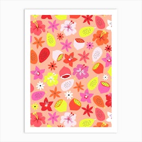 Bright and Warm Tropical Fruits and Flowers - Pink Red Orange Yellow Art Print