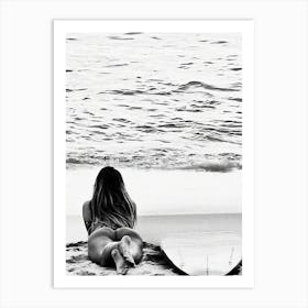 Vintage Surfing Black And White Surfer Girl Beach House Art Print