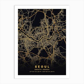 Seoul South Korea Black And Gold Map Art Print