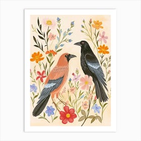 Folksy Floral Animal Drawing Raven 8 Art Print