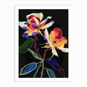 Neon Flowers On Black Rose 2 Art Print