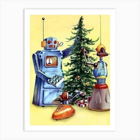 Robots Decorating Christmas Tree Art Print