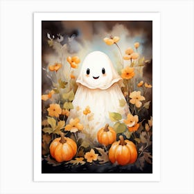 Cute Bedsheet Ghost, Botanical Halloween Watercolour 134 Art Print