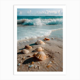 Seashells on Sandy Shore - Serene Beach Wave Scene Art Print