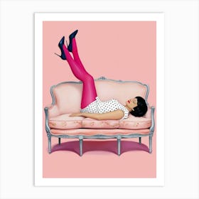 Girl Laying On A Pink Couch Art Print