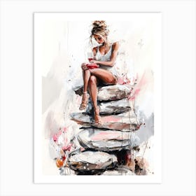 Girl Sitting On Rocks Art Print