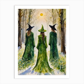 February Witches by Lyra the Lavender Witch - Liminal Time Between The Seasons Winter and Spring, Snow on the Ground, Flowers Shooting up - Witchy Watercolor Art Imbolc, Ostara, Spring Equinox, Sun Returning but Snow and Frost - Pagan Wicca Occult Green Witchcraft HD Art Print