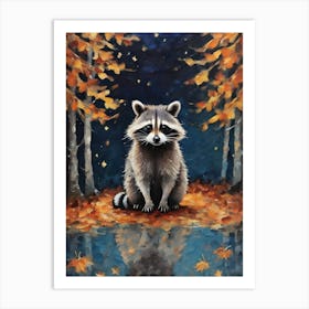 Cottagecore Baby Raccoon in an Autumn Forest - Acrylic Paint Little Fall Raccoon on a Full Moom with Falling Leaves at Night, Perfect for Witchcore Cottage Core Pagan Tarot Celestial Zodiac Gallery Feature Wall Beautiful Woodland Creatures Series HD Art Print