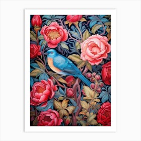 Blue Bird And Roses Art Print