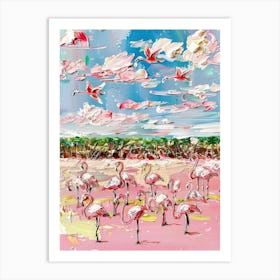 Beach Pink Flamingo Impasto Oil Painting Travel Art Print