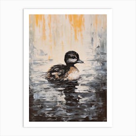 Black & White Painting Of Duckling Gliding Along The Pond 4 Art Print