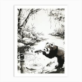 Red Panda Catching Fish In A Tranquil Lake Ink Illustration 4 Art Print