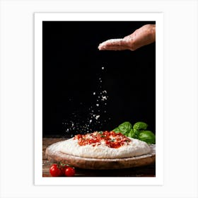 A Hand Stretching A Glistening Ball Of Pizza Dough Mid Action Flour Dusting In The Air From A Woode (1) Art Print