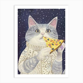 Grey And White Cat Pizza Lover Folk Illustration 3 Art Print