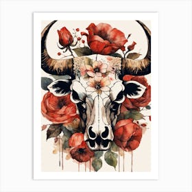 Vintage Boho Bull Skull Flowers Painting (37) Art Print