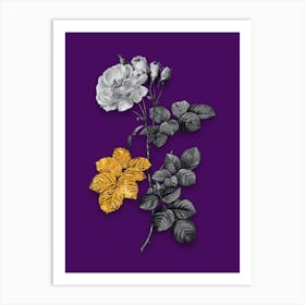 Vintage Damask Rose Black and White Gold Leaf Floral Art on Deep Violet n.0712 Art Print