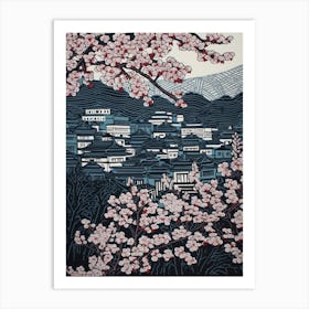 Kyoto Cherry Season Japan Linocut Illustration Style 1 Art Print