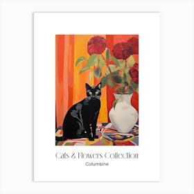 Cats & Flowers Collection Columbine Flower Vase And A Cat, A Painting In The Style Of Matisse 0 Art Print