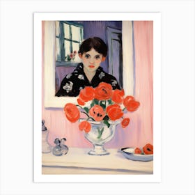 Woman In The Mirror Bathroom Vanity Painting With A Anemone Bouquet 2 Art Print
