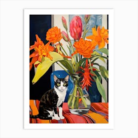 Tulip Flower Vase And A Cat, A Painting In The Style Of Matisse 2 Art Print