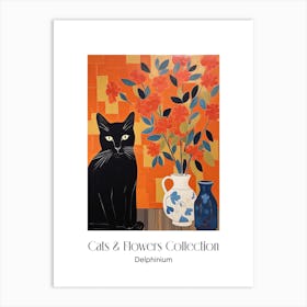 Cats & Flowers Collection Delphinium Flower Vase And A Cat, A Painting In The Style Of Matisse 1 Art Print