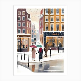 Amsterdam cafes, winter season, Christmas, autumn oil colors, pale colors, pedestrians in the street, winter clothes, falling snow.9 2 Art Print