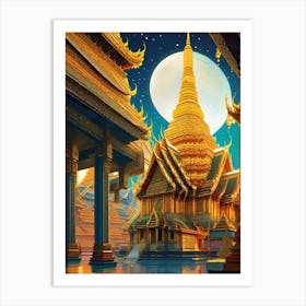 The Grand Palace - Thailand At Night - Trippy Abstract Cityscape Iconic Wall Decor Visionary Psychedelic Fractals Fantasy Art Cool Full Moon Third Eye Space Sci-fi Awesome Futuristic Ancient Paintings For Your Home Gift For Him Art Print