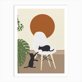 Minimal art Cats playing On A Chair Art Print