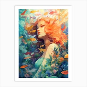 Mermaid amidst a vibrant coral reef Art Print