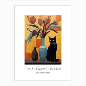 Cats & Flowers Collection Bird Of Paradise Flower Vase And A Cat, A Painting In The Style Of Matisse 2 Art Print