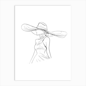 Woman In A Hat Fashion Elegant Minimalist One Line Illustration Art Print