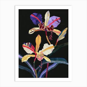 Neon Flowers On Black Monkey Orchid 3 Art Print