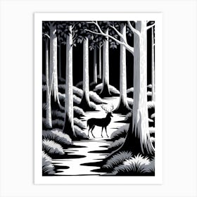 Deer In The Forest, black and white monochromatic art Art Print