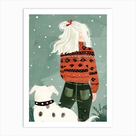 Girl And Dog In The Snow Art Print