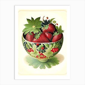 Bowl Of Strawberries, Fruit, Vintage Botanical 1 Art Print