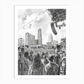 Live Music Scene Austin Texas Black And White Drawing 1 Art Print